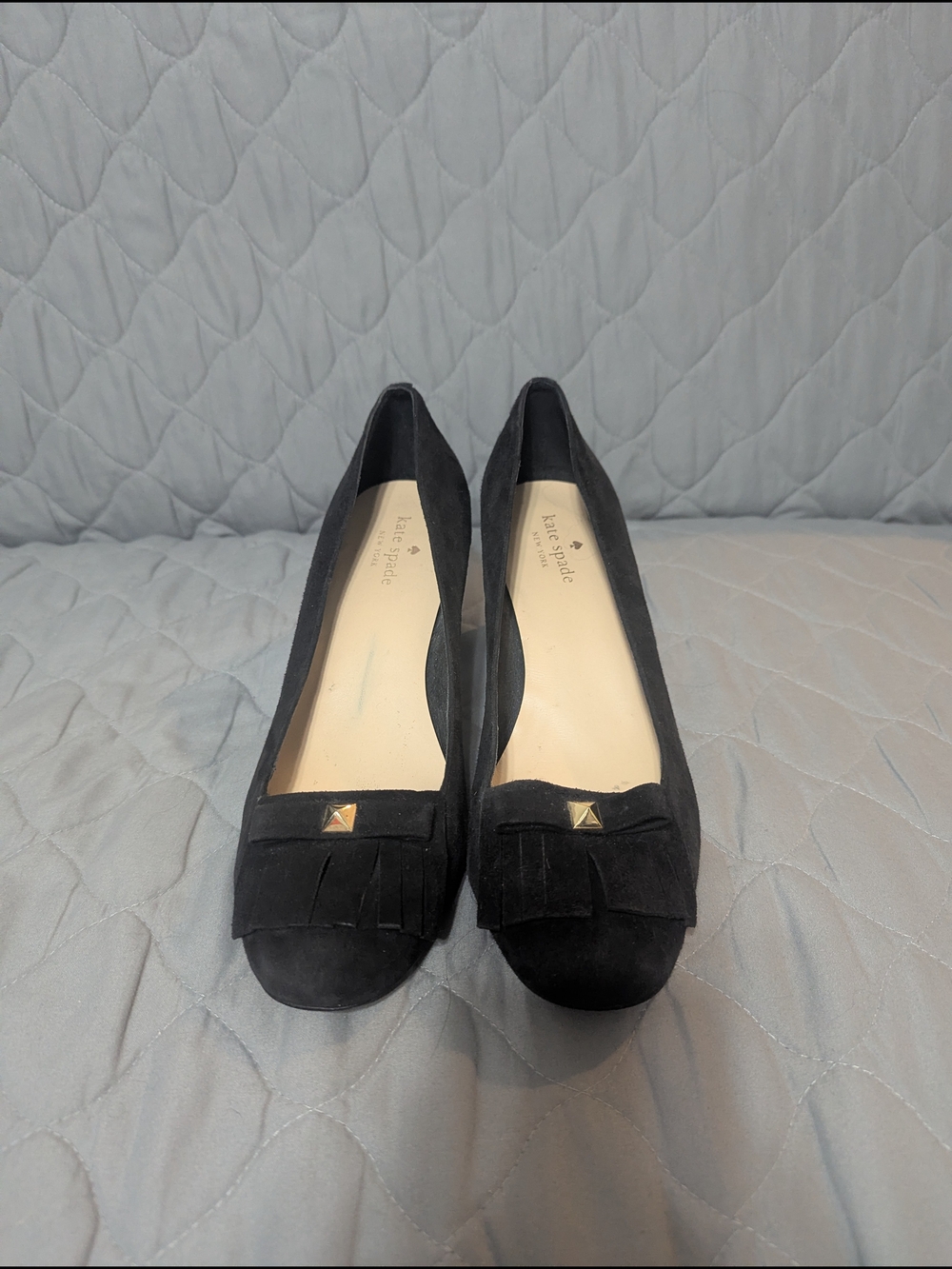 kate spade Black Suede Fringe Heels with Gold Stud